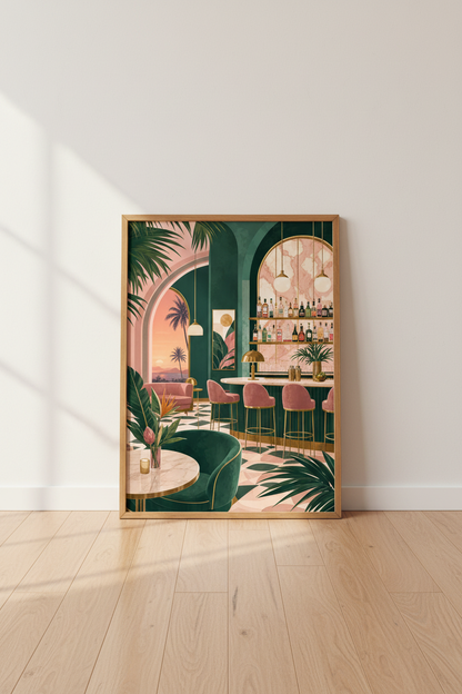 Tropical Art Deco Club | Green &amp; Pink Bar Print, Retro Beach Lounge Poster