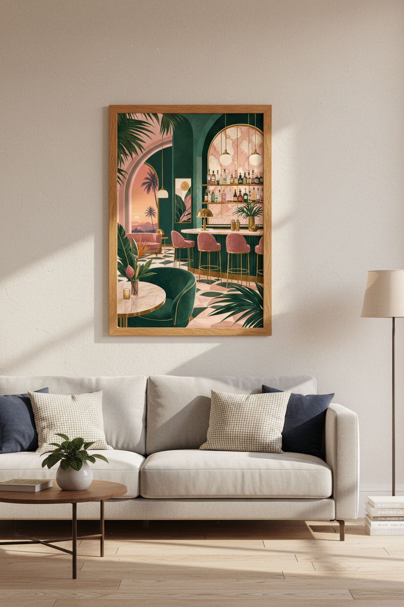 Tropical Art Deco Club | Green &amp; Pink Bar Print, Retro Beach Lounge Poster