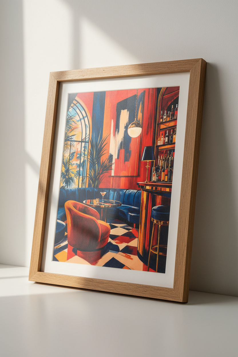 Cocktail Bar Wall Art | Red &amp; Navy Blue Maximalist Decor | Chic Lounge Poster