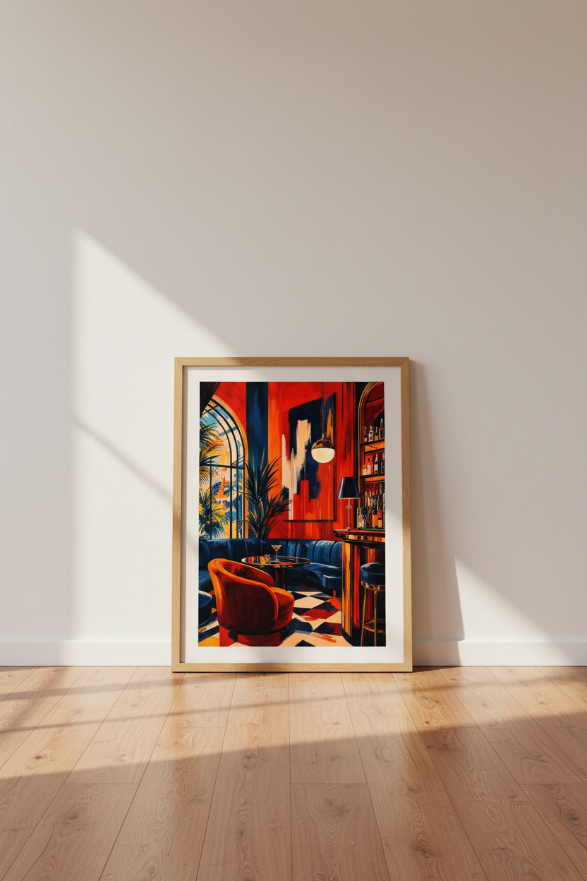 Cocktail Bar Wall Art | Red &amp; Navy Blue Maximalist Decor | Chic Lounge Poster
