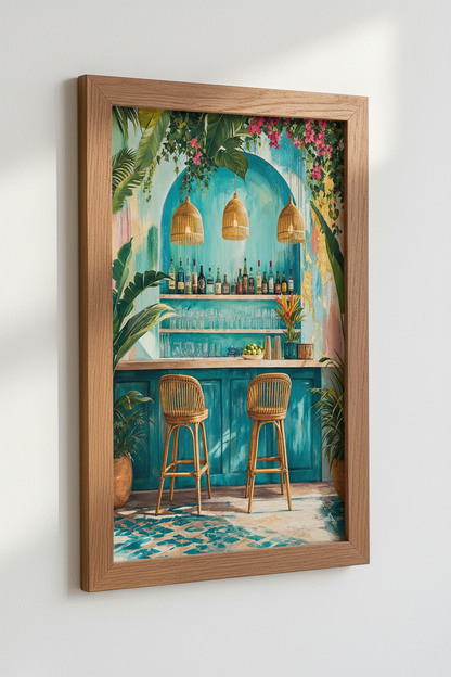 Tropical Beach Bar Wall Art | Teal Boho Coastal Print, Kitchen Bar Decor