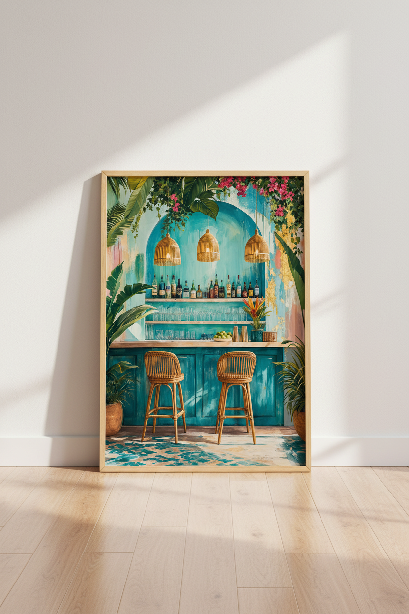 Tropical Beach Bar Wall Art | Teal Boho Coastal Print, Kitchen Bar Decor