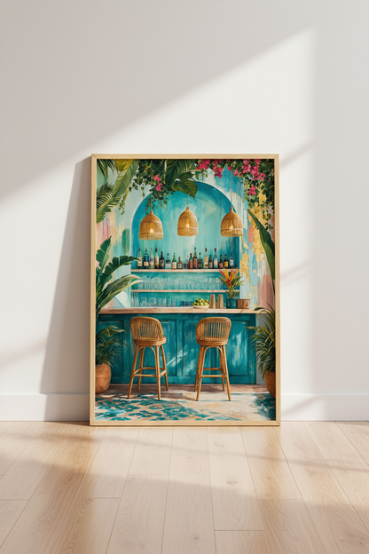 Tropical Beach Bar Wall Art | Teal Boho Coastal Print, Kitchen Bar Decor