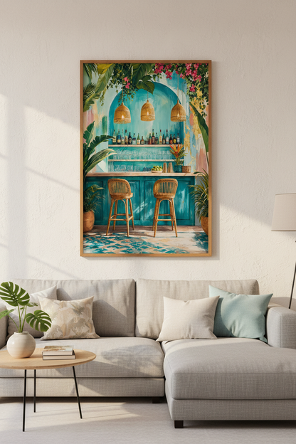 Tropical Beach Bar Wall Art | Teal Boho Coastal Print, Kitchen Bar Decor