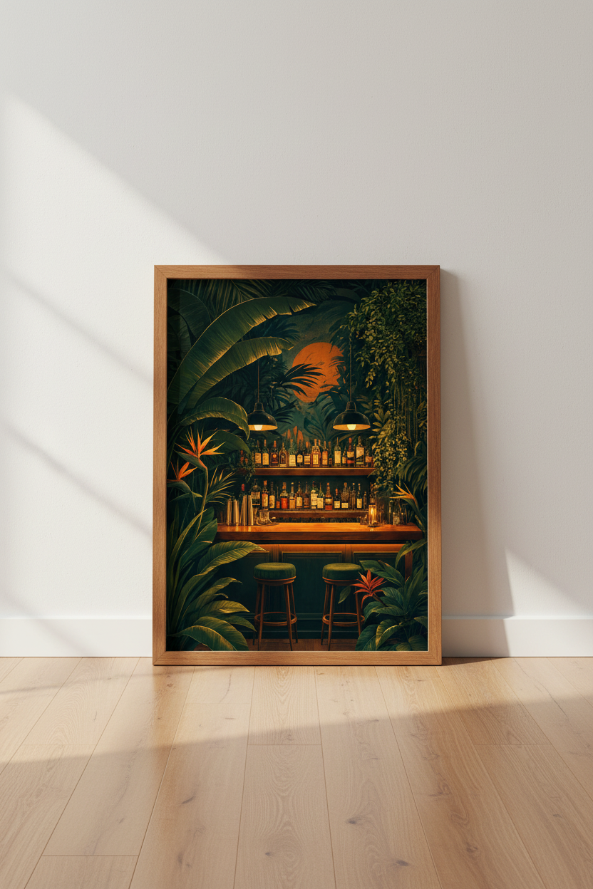 Tropical Jungle Bar Wall Art | Moody Green Botanical Decor | Exotic Speakeasy Poster