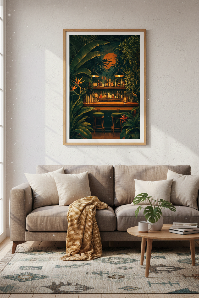 Tropical Jungle Bar Wall Art | Moody Green Botanical Decor | Exotic Speakeasy Poster