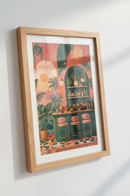 Tropical Bar Scene Wall Art | Emerald &amp; Terracotta Sunset Decor, Boho Home Bar Poster