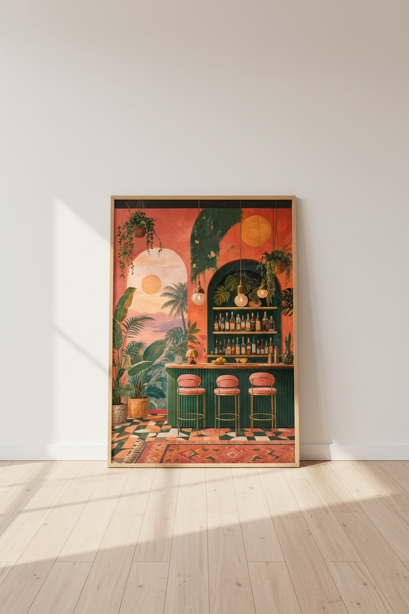 Tropical Bar Scene Wall Art | Emerald &amp; Terracotta Sunset Decor, Boho Home Bar Poster