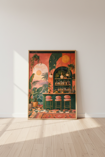 Tropical Bar Scene Wall Art | Emerald &amp; Terracotta Sunset Decor, Boho Home Bar Poster
