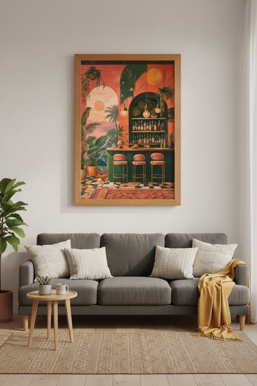 Tropical Bar Scene Wall Art | Emerald &amp; Terracotta Sunset Decor, Boho Home Bar Poster