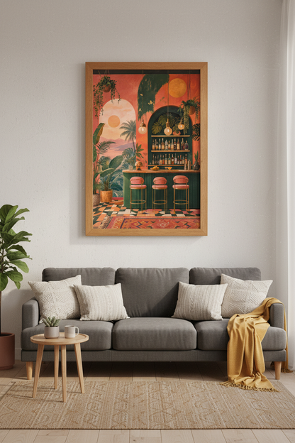 Tropical Bar Scene Wall Art | Emerald &amp; Terracotta Sunset Decor, Boho Home Bar Poster