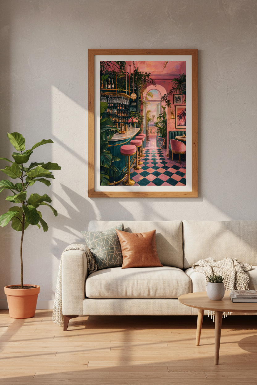 Pink Tropical Bar Wall Art | Maximalist Cocktail Poster, Eclectic Home Decor Art