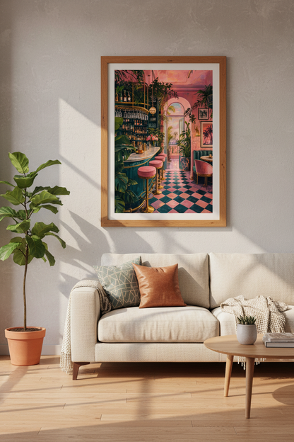Pink Tropical Bar Wall Art | Maximalist Cocktail Poster, Eclectic Home Decor Art