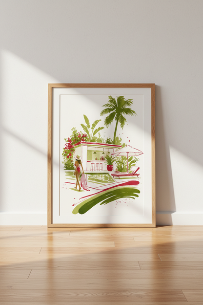 Tropical Poolside | Pink &amp; Green Watercolor Art, Modern Summer Bar Wall Decor