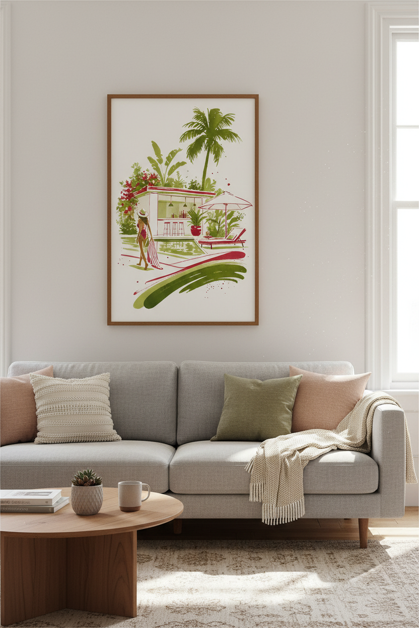 Tropical Poolside | Pink &amp; Green Watercolor Art, Modern Summer Bar Wall Decor