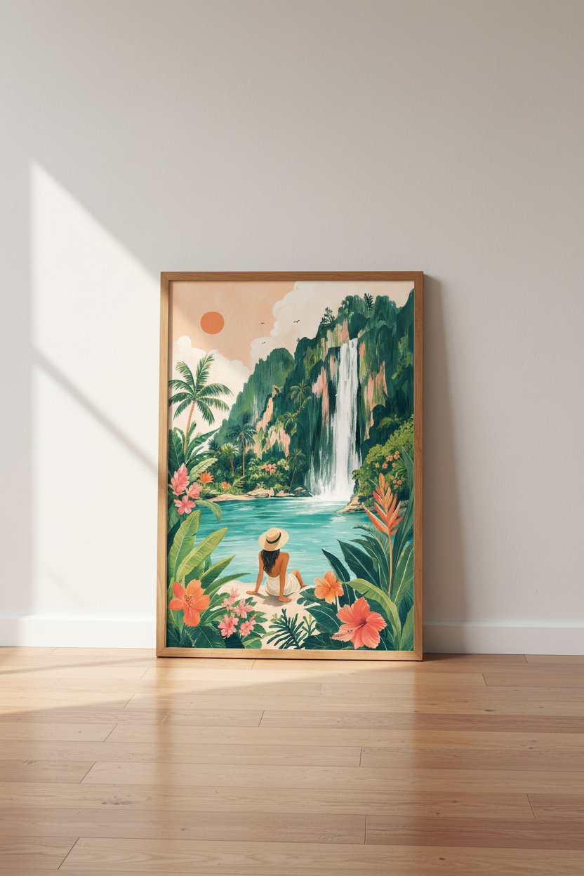 Tropical Waterfall Wall Art Print | Jungle Landscape Poster | Boho Beach House Decor