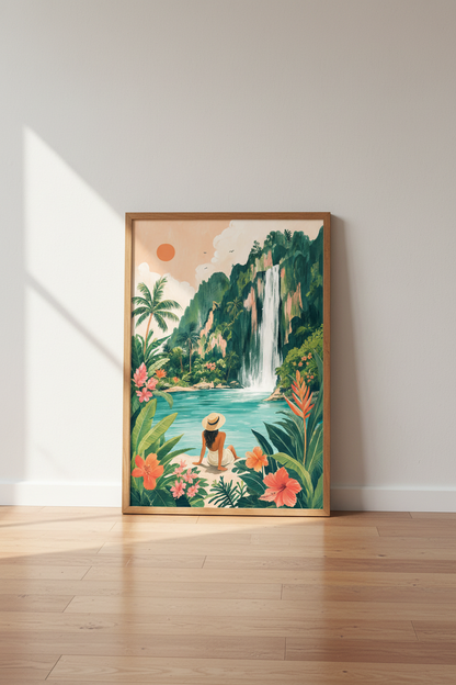 Tropical Waterfall Wall Art Print | Jungle Landscape Poster | Boho Beach House Decor