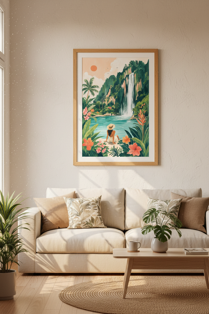 Tropical Waterfall Wall Art Print | Jungle Landscape Poster | Boho Beach House Decor