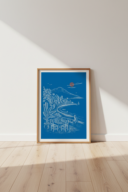 Mediterranean Coastal Village Wall Art | Blue Minimalist Decor | Seaside Poster