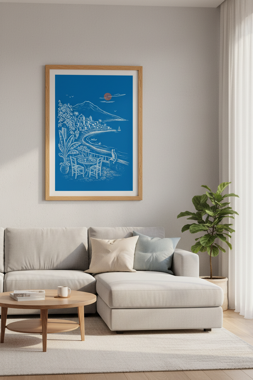 Mediterranean Coastal Village Wall Art | Blue Minimalist Decor | Seaside Poster