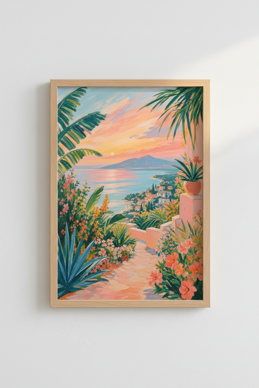 Mediterranean Sunset Art Print | Coastal Landscape Poster, Pastel Beach Decor