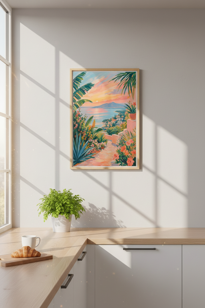 Mediterranean Sunset Art Print | Coastal Landscape Poster, Pastel Beach Decor