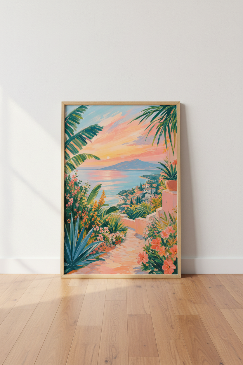 Mediterranean Sunset Art Print | Coastal Landscape Poster, Pastel Beach Decor