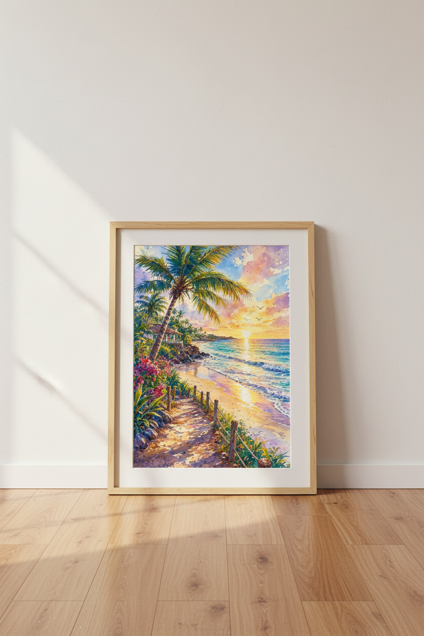 Tropical Beach Sunset Watercolor | Coastal Palm Tree Wall Art | Vibrant Ocean Decor