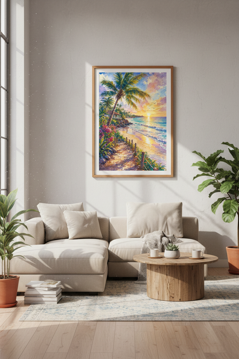 Tropical Beach Sunset Watercolor | Coastal Palm Tree Wall Art | Vibrant Ocean Decor
