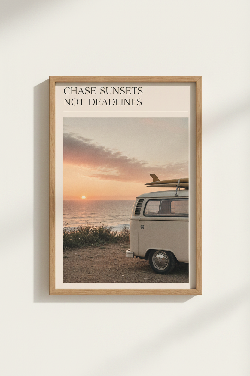 Retro Coastal Wall Art Print | Vintage Beach Sunset Poster, Surf Van Decor