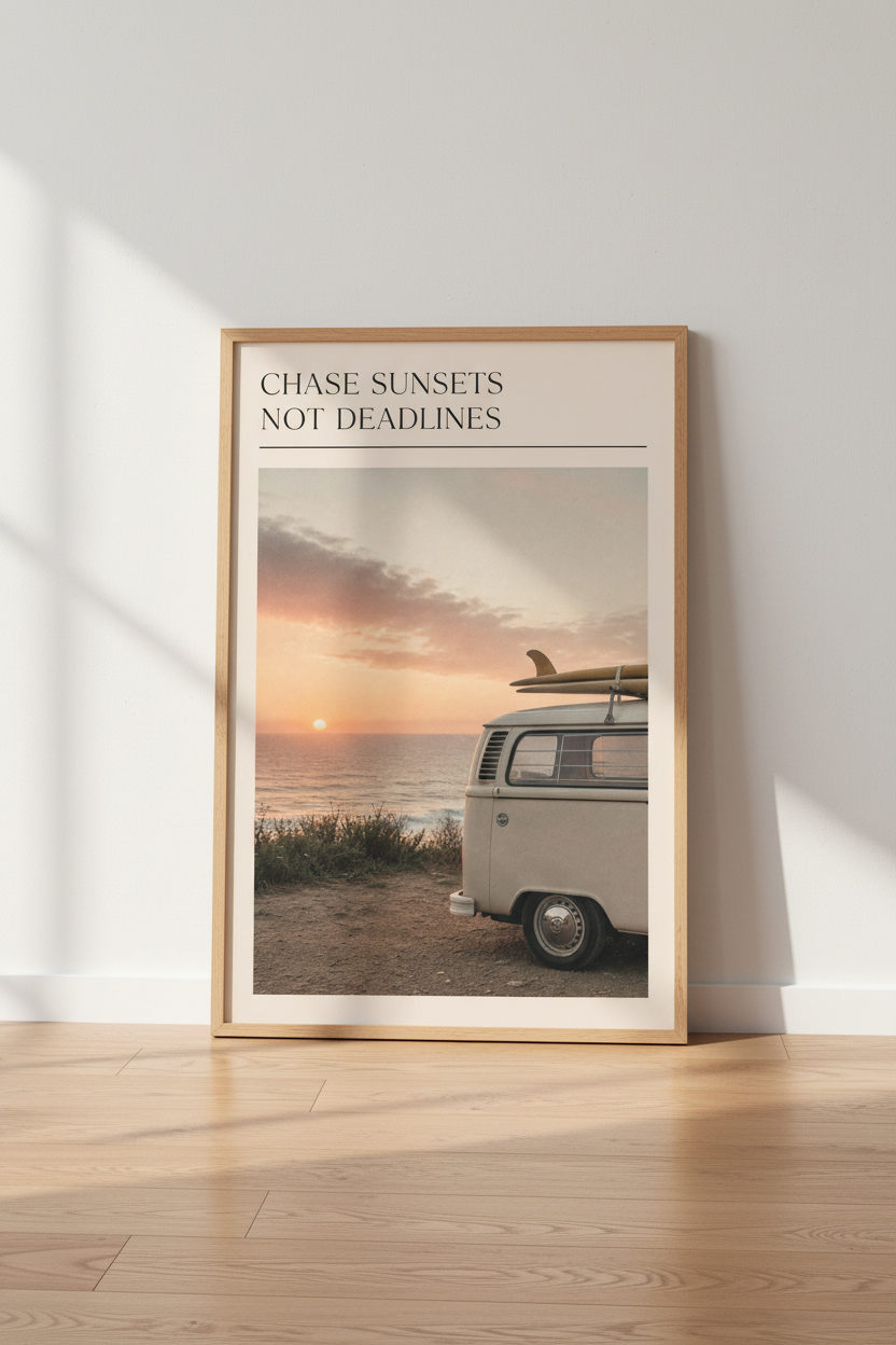 Retro Coastal Wall Art Print | Vintage Beach Sunset Poster, Surf Van Decor