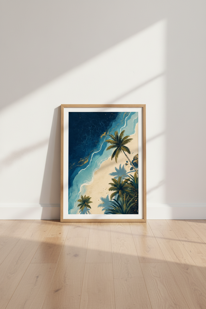 Abstract Beach Palm Tree Wall Art | Navy &amp; Gold Coastal Decor | Tropical Poster