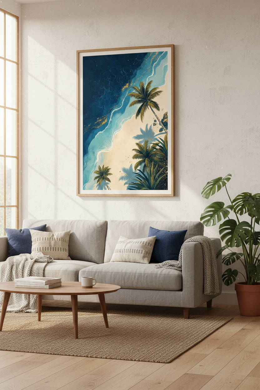 Abstract Beach Palm Tree Wall Art | Navy &amp; Gold Coastal Decor | Tropical Poster