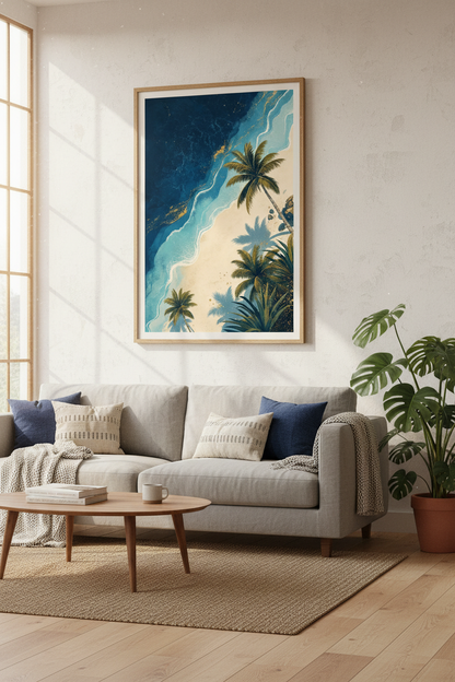 Abstract Beach Palm Tree Wall Art | Navy &amp; Gold Coastal Decor | Tropical Poster