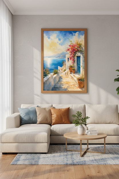 Coastal Greek Village | Mediterranean Watercolor Poster, Living Room Decor