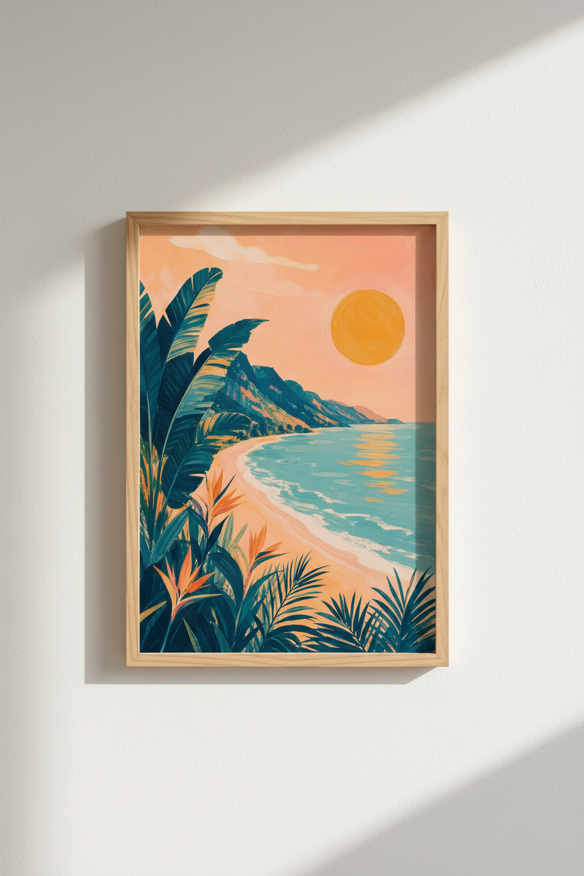 Tropical Beach Wall Art Print | Coastal Sunset Decor | Boho Botanical Poster