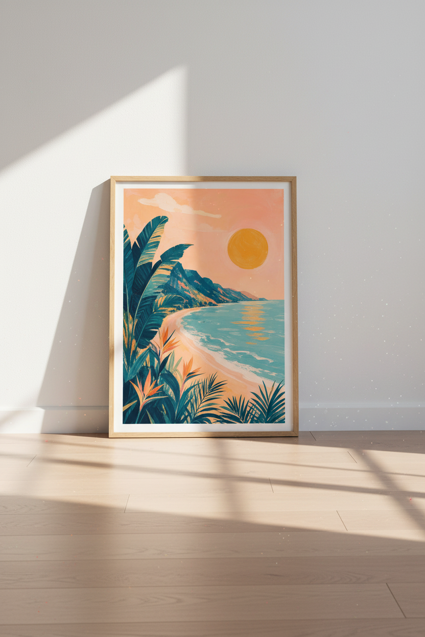 Tropical Beach Wall Art Print | Coastal Sunset Decor | Boho Botanical Poster