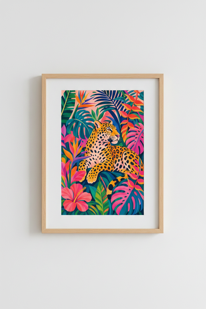 Jungle Leopard Print | Tropical Floral Maximalist Decor, Colorful Animal Poster