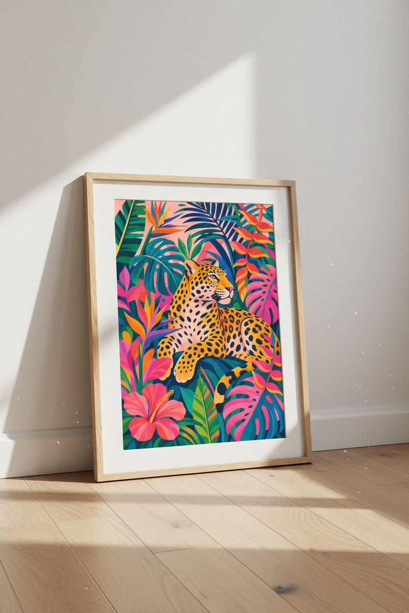 Jungle Leopard Print | Tropical Floral Maximalist Decor, Colorful Animal Poster