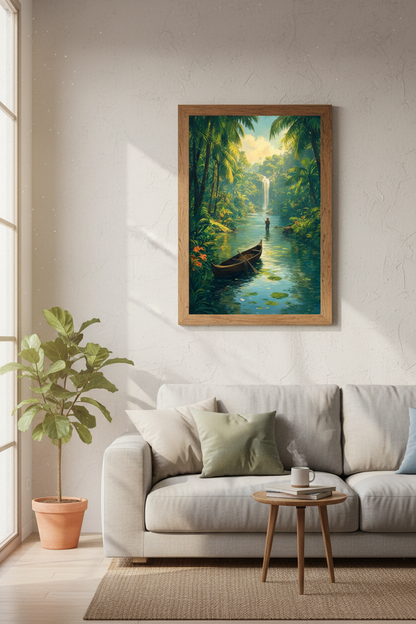 Tropical Jungle Fishing Wall Art | Nature Waterfall Print, Living Room Decor