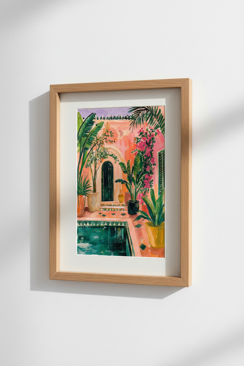 Moroccan Courtyard Wall Art Print | Pink Marrakesh Decor | Tropical Boho Poster