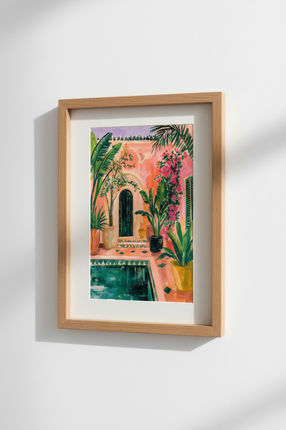 Moroccan Courtyard Wall Art Print | Pink Marrakesh Decor | Tropical Boho Poster