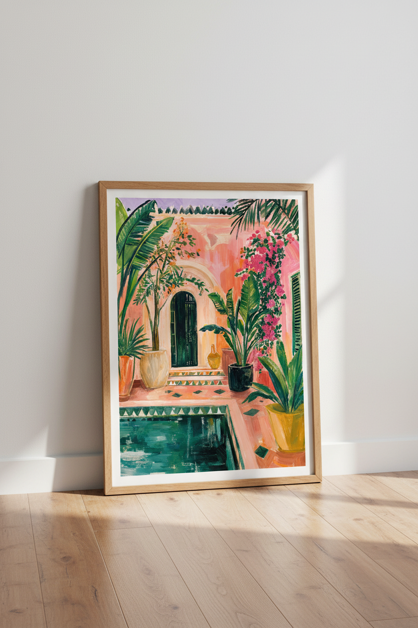 Moroccan Courtyard Wall Art Print | Pink Marrakesh Decor | Tropical Boho Poster