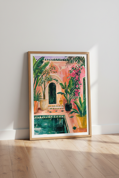 Moroccan Courtyard Wall Art Print | Pink Marrakesh Decor | Tropical Boho Poster