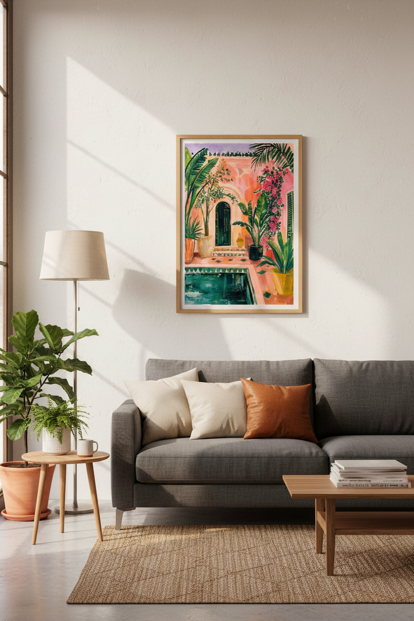 Moroccan Courtyard Wall Art Print | Pink Marrakesh Decor | Tropical Boho Poster
