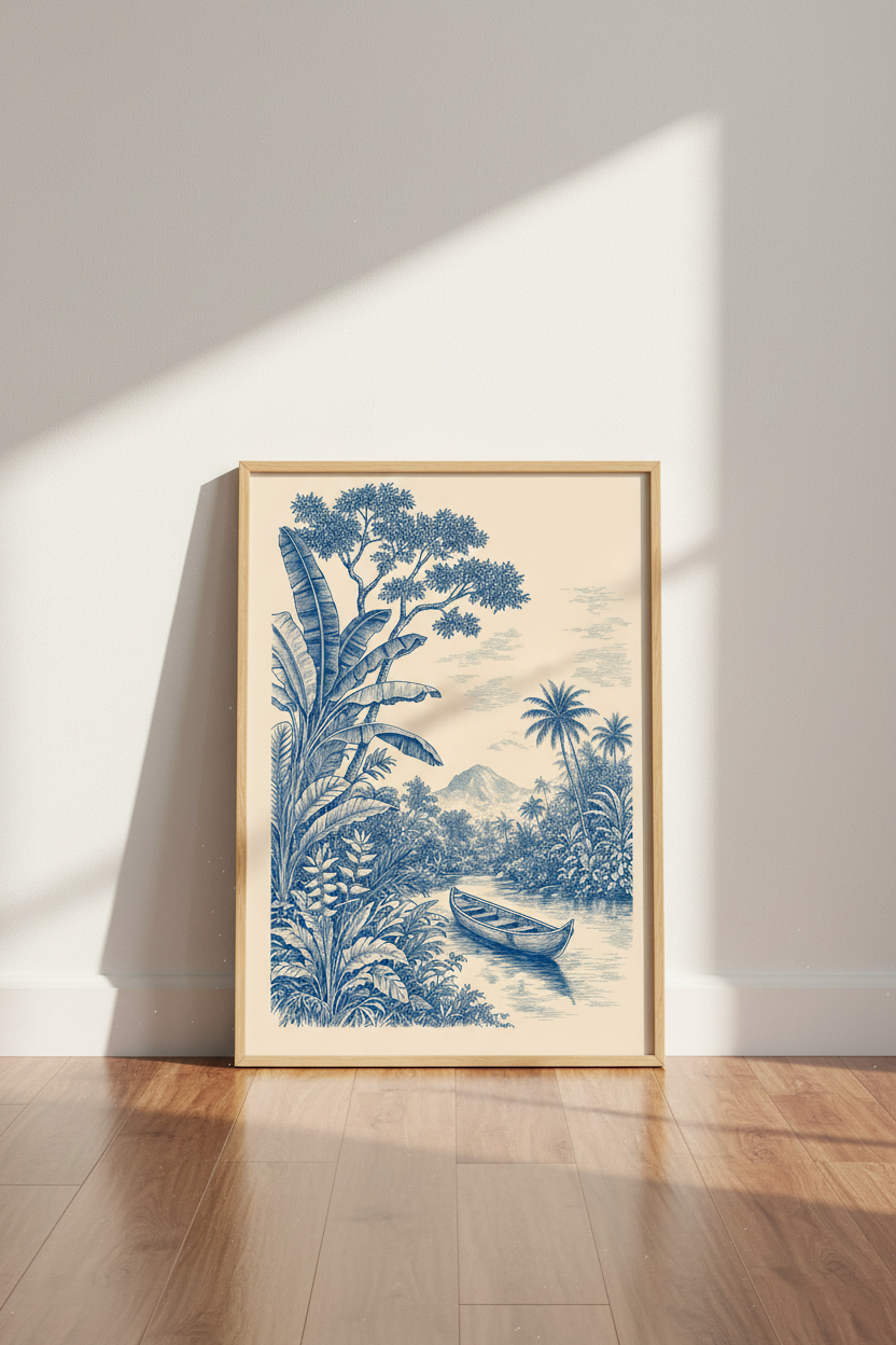 Tropical Jungle Landscape Toile | Blue Vintage Botanical Art, Coastal Room Decor Poster