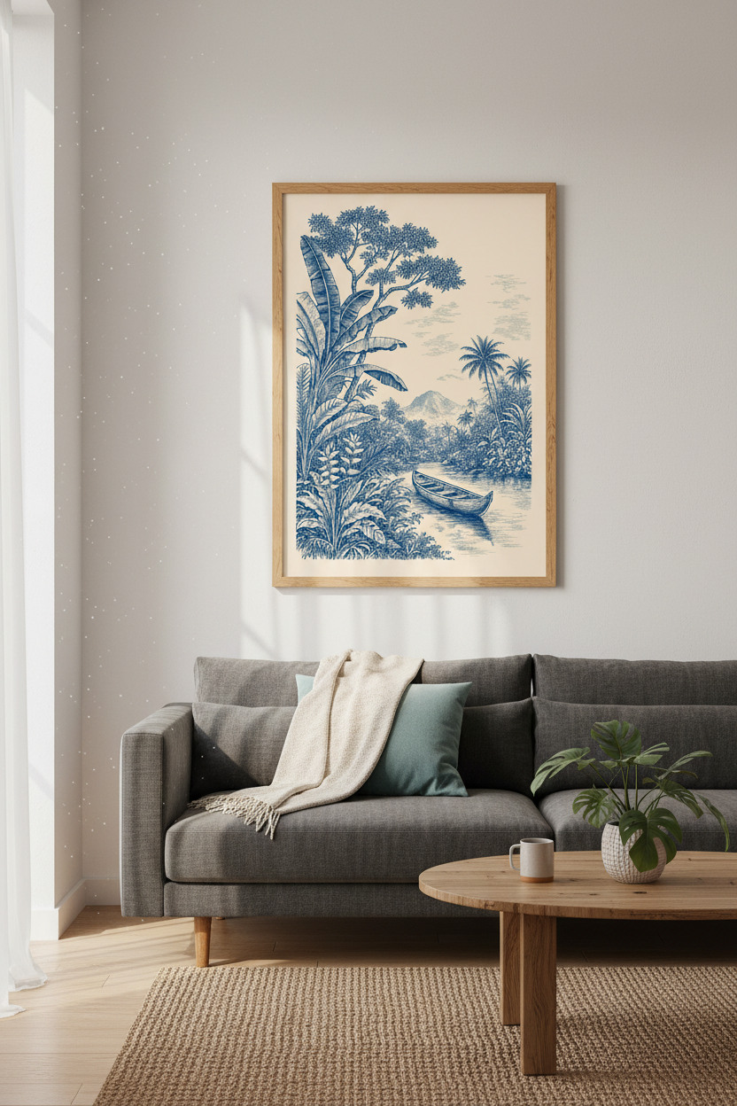 Tropical Jungle Landscape Toile | Blue Vintage Botanical Art, Coastal Room Decor Poster