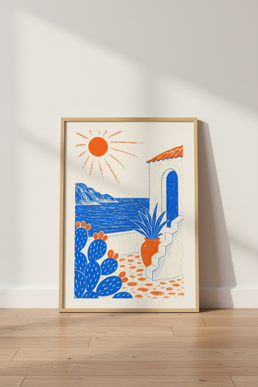 Mediterranean Coastal Wall Art | Blue &amp; Orange Travel Decor | Summer Aesthetic Poster