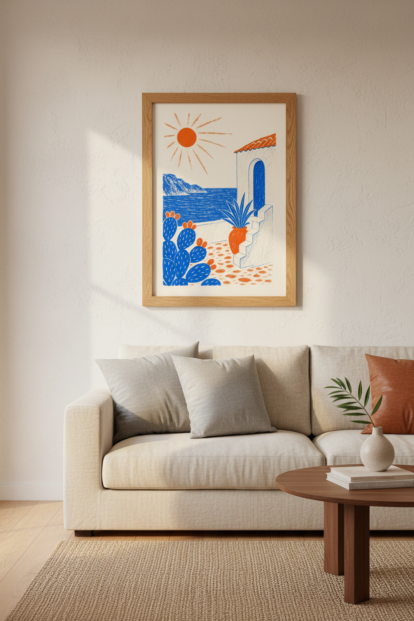 Mediterranean Coastal Wall Art | Blue &amp; Orange Travel Decor | Summer Aesthetic Poster