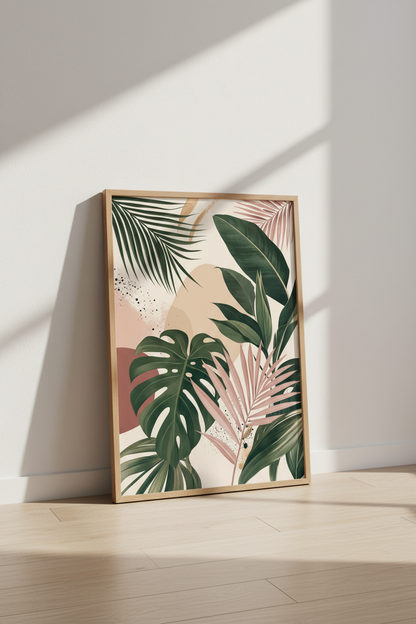 Tropical Monstera Leaves | Boho Pink &amp; Green Botanical, Modern Living Room Wall Art